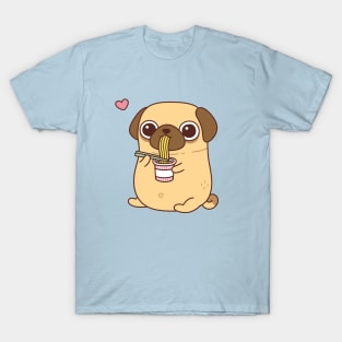 Cute Pug Enjoying Instant Ramen Noodles T-Shirt